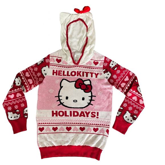 Hello Kitty Holidays Sweater Hoodie Size XL Fair Isle Pink & Red Hooded Pullover - Picture 1 of 4